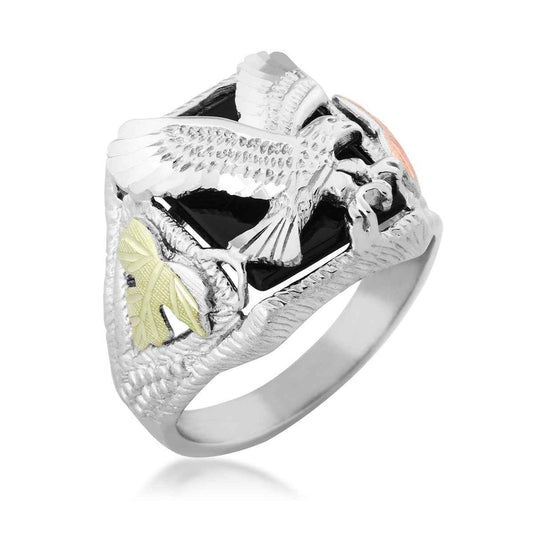 Black Hills Gold Men's Rectangle Onyx Eagle Ring in Sterling Silver front view