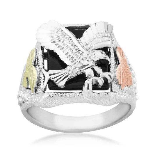 Black Hills Gold Men's Rectangle Onyx Eagle Ring in Sterling Silver