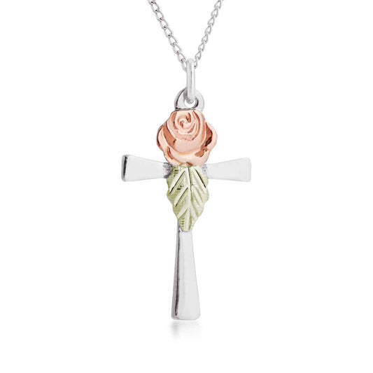 Black Hills Gold Rose & Leaf Cross Pendant in Sterling Silver