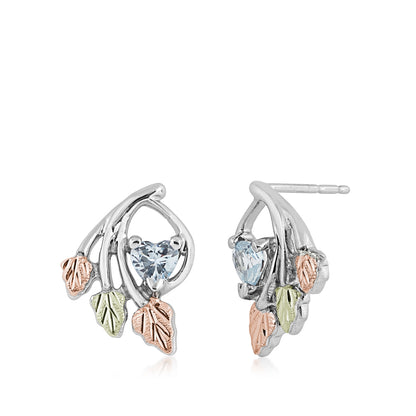 Black Hills Gold Synthetic Heart Aquamarine & Hanging Leaf Earrings in Sterling Silver