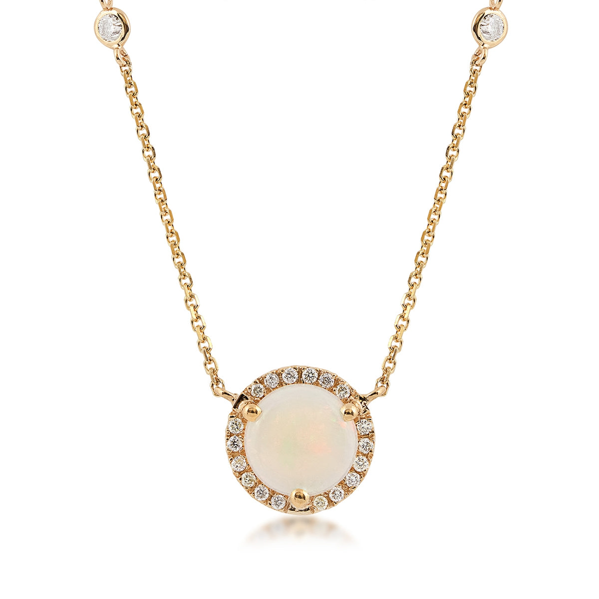 Round Opal & 1/5 ct. tw. Diamond Halo Necklace in 14K Yellow Gold