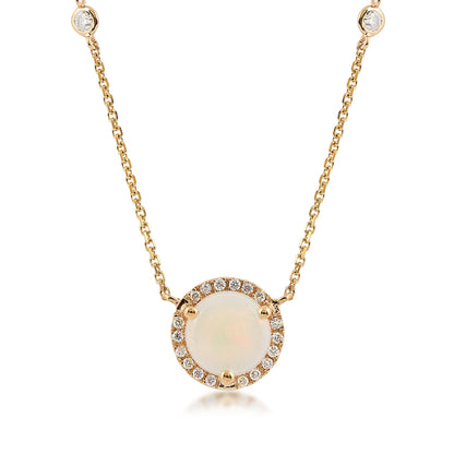 Round Opal & 1/5 ct. tw. Diamond Halo Necklace in 14K Yellow Gold