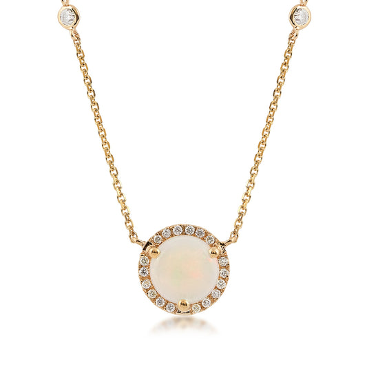 Round Opal & 1/5 ct. tw. Diamond Halo Necklace in 14K Yellow Gold