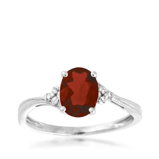 Oval Garnet & Diamond Cluster Milgrain Ring in 10K White Gold