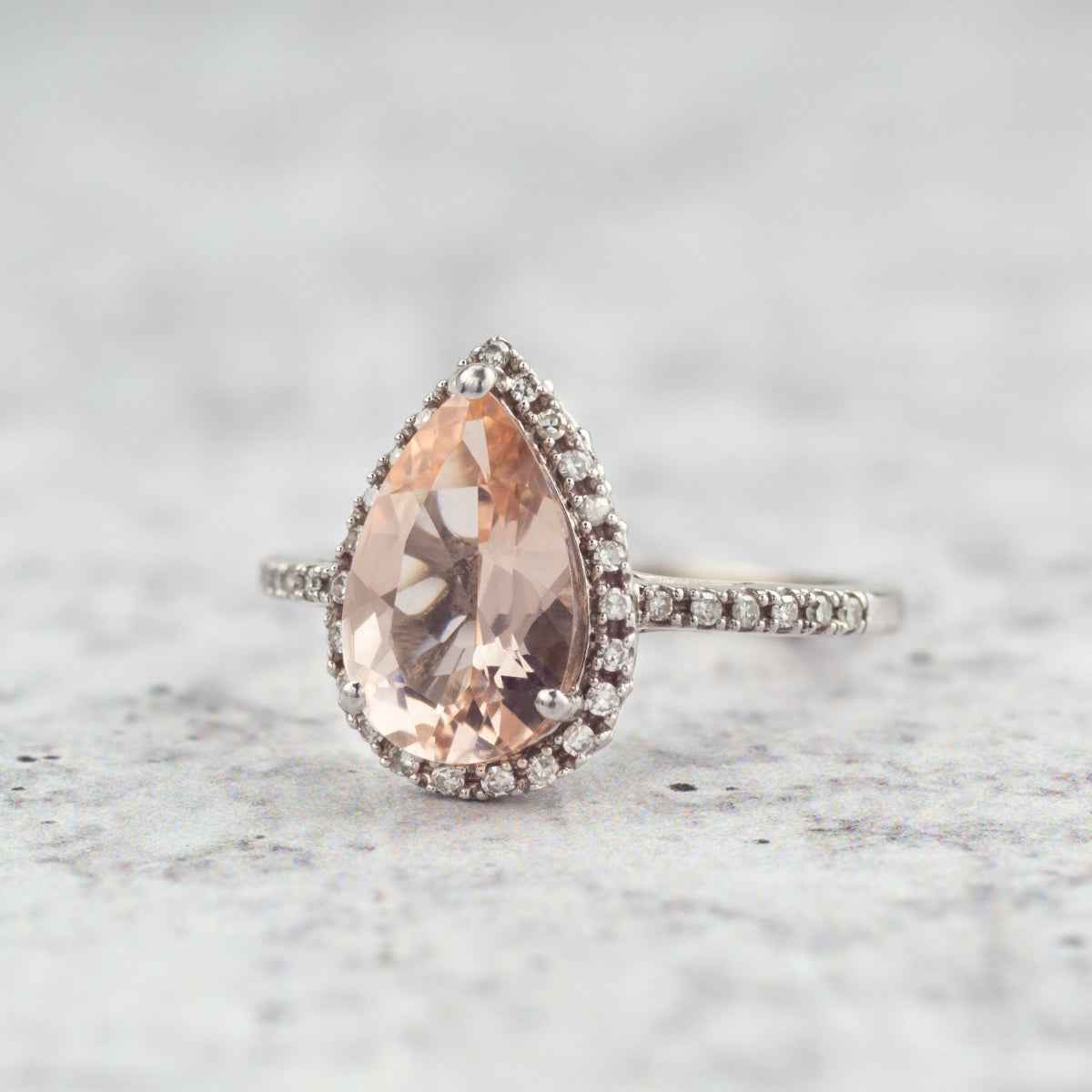 Impulse Collection Genuine Pear Shaped Pink Morganite & 1/7 ct. tw. Diamond Halo Ring in 10K White Gold close-up detail