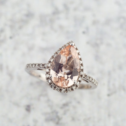 Impulse Collection Genuine Pear Shaped Pink Morganite & 1/7 ct. tw. Diamond Halo Ring in 10K White Gold side profile