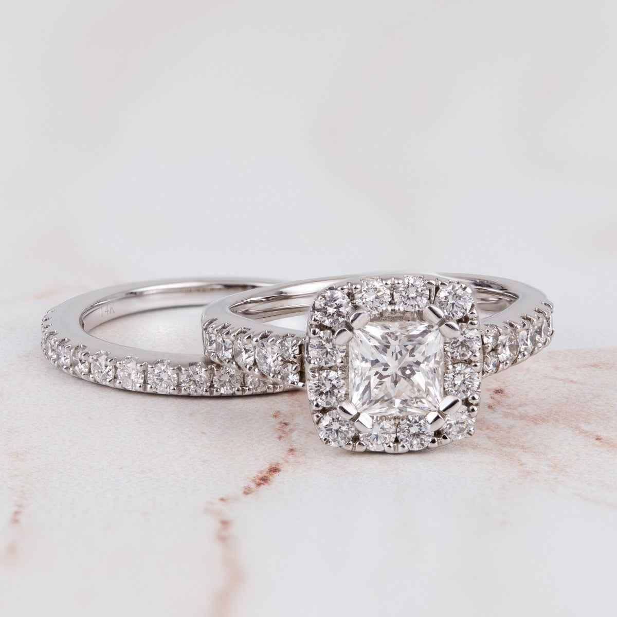 Noventa 2 ct. tw. Princess Cut Diamond Classic Halo Wedding Set in 14K White Gold side profile
