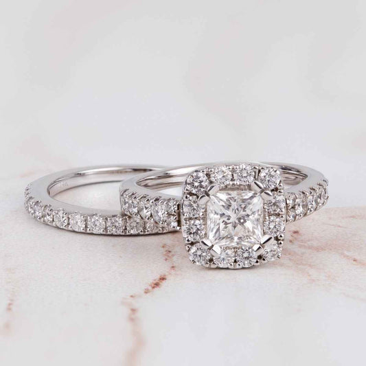 Noventa 2 ct. tw. Princess Cut Diamond Classic Halo Wedding Set in 14K White Gold side profile
