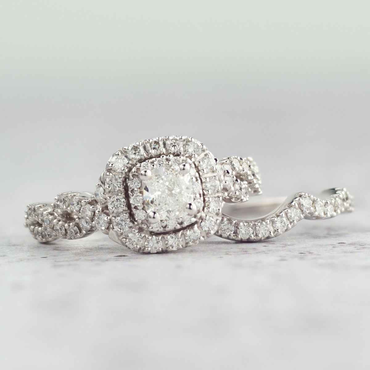 Natural 1-1/2 ct. tw. Cushion Diamond Double Halo Wedding Set in 14K White Gold close-up detail