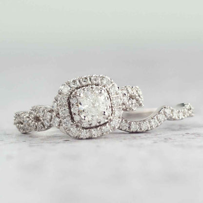 Natural 1-1/2 ct. tw. Cushion Diamond Double Halo Wedding Set in 14K White Gold close-up detail