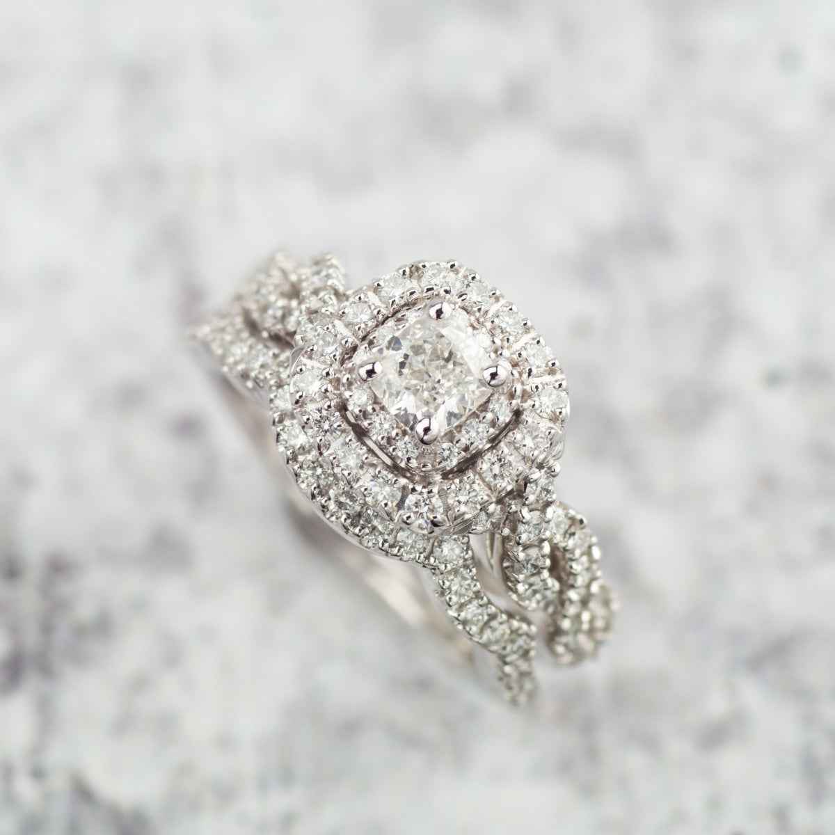 Natural 1-1/2 ct. tw. Cushion Diamond Double Halo Wedding Set in 14K White Gold side profile