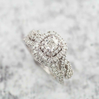 Natural 1-1/2 ct. tw. Cushion Diamond Double Halo Wedding Set in 14K White Gold side profile