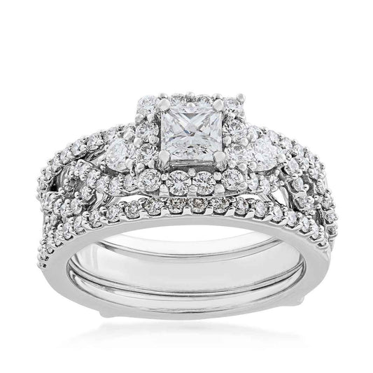 Noventa 1-1/2 ct. tw. Princess Cut Diamond Halo Wedding Set with Twist Band in 14K White Gold