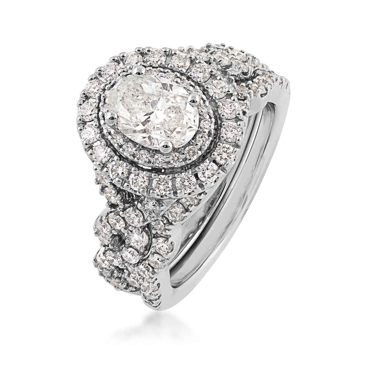 Amaura Collection 2-1/4 ct. tw. Oval Diamond Halo Wedding Set with Twist Band in 14K White Gold front view