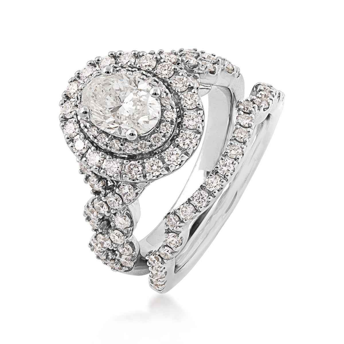 Amaura Collection 2-1/4 ct. tw. Oval Diamond Halo Wedding Set with Twist Band in 14K White Gold close-up detail