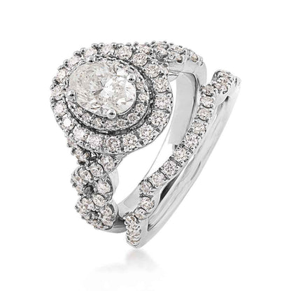 Amaura Collection 2-1/4 ct. tw. Oval Diamond Halo Wedding Set with Twist Band in 14K White Gold close-up detail