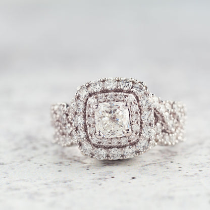 Natural 2-1/2 ct. tw. Cushion Diamond Double Halo Twist Wedding Set in 14K White Gold full view