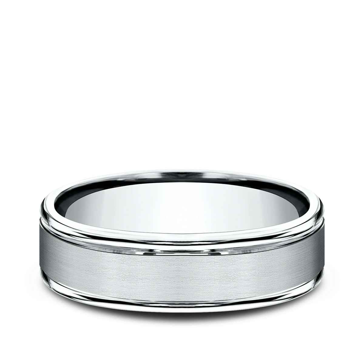Benchmark Men's 6mm Satin Finish Polished Edge Wedding Ring in 10K White Gold close-up detail