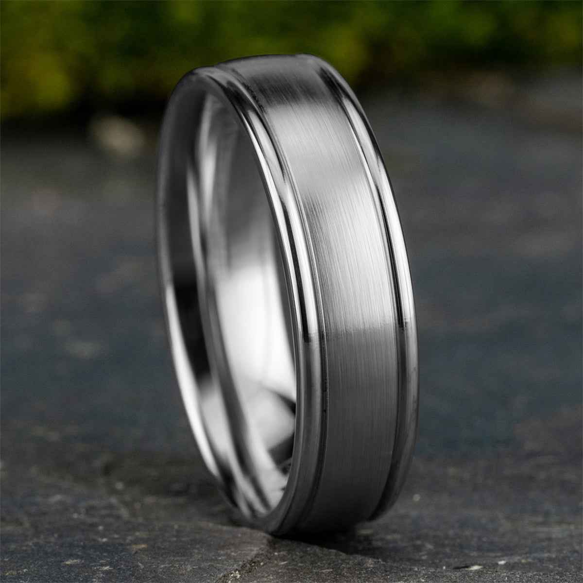Benchmark Men's 6mm Satin Finish Polished Edge Wedding Ring in 10K White Gold side profile