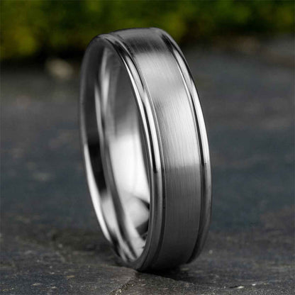 Benchmark Men's 6mm Satin Finish Polished Edge Wedding Ring in 10K White Gold side profile