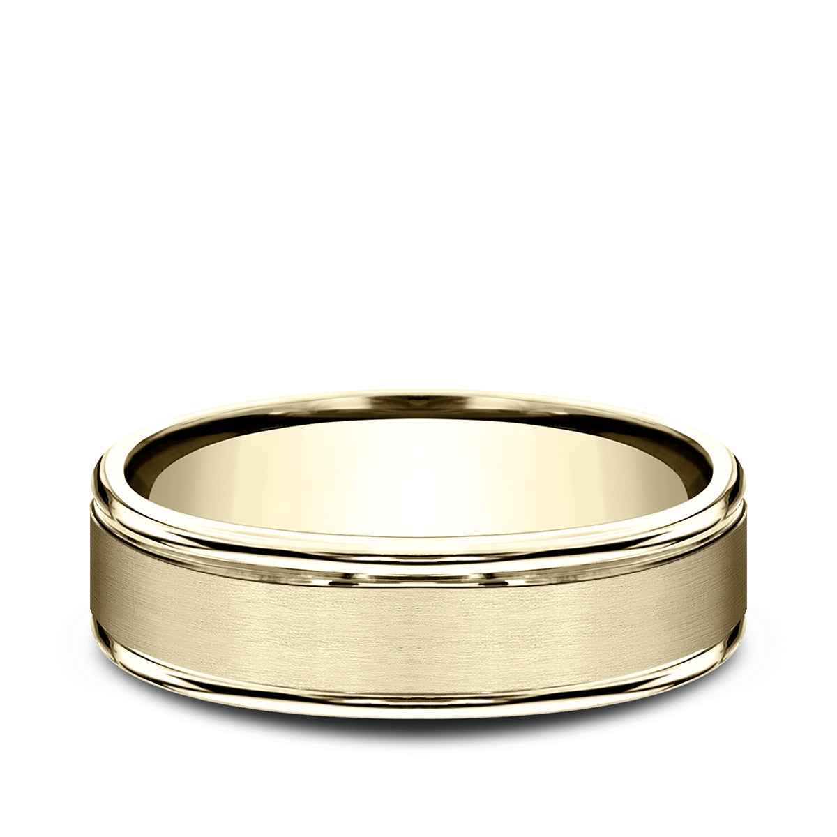 Benchmark Men's 6mm Satin Finish Polished Edge Wedding Ring in 10K Yellow Gold close-up detail