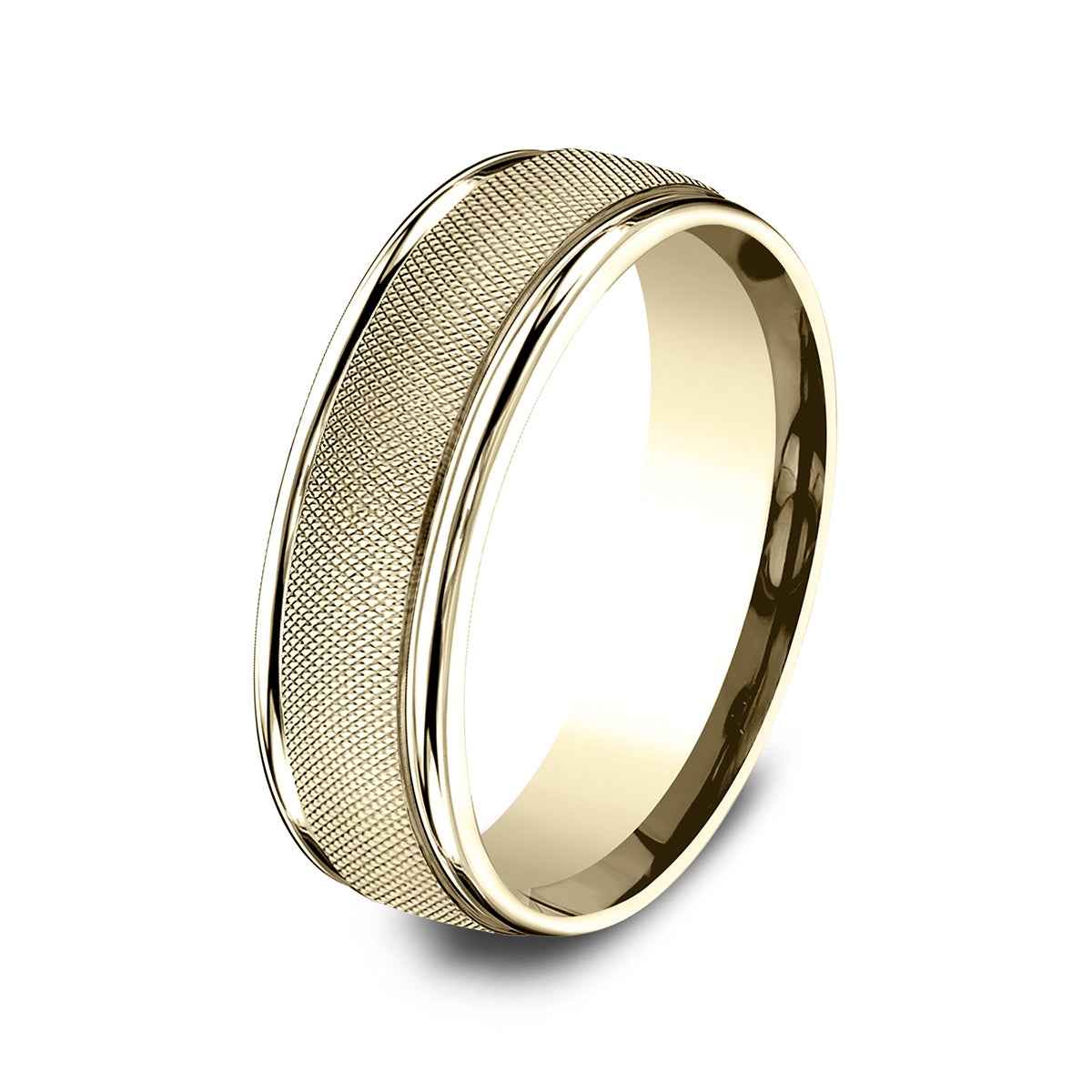 Benchmark Men's Satin Finish Polished Edge Wedding Ring in 10K Yellow Gold close-up detail