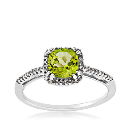 Cushion Peridot & 1/10 ct. tw. Diamond Halo Ring in 10K White Gold