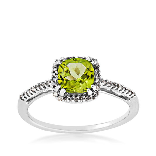 Cushion Peridot & 1/10 ct. tw. Diamond Halo Ring in 10K White Gold