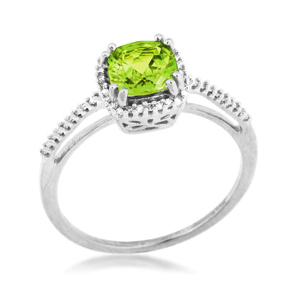 Cushion Peridot & 1/10 ct. tw. Diamond Halo Ring in 10K White Gold front view