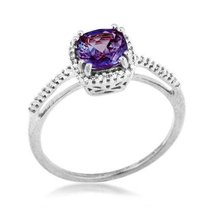 Created Cushion Alexandrite & 1/10 ct. tw. Diamond Halo Ring in 10K White Gold front view