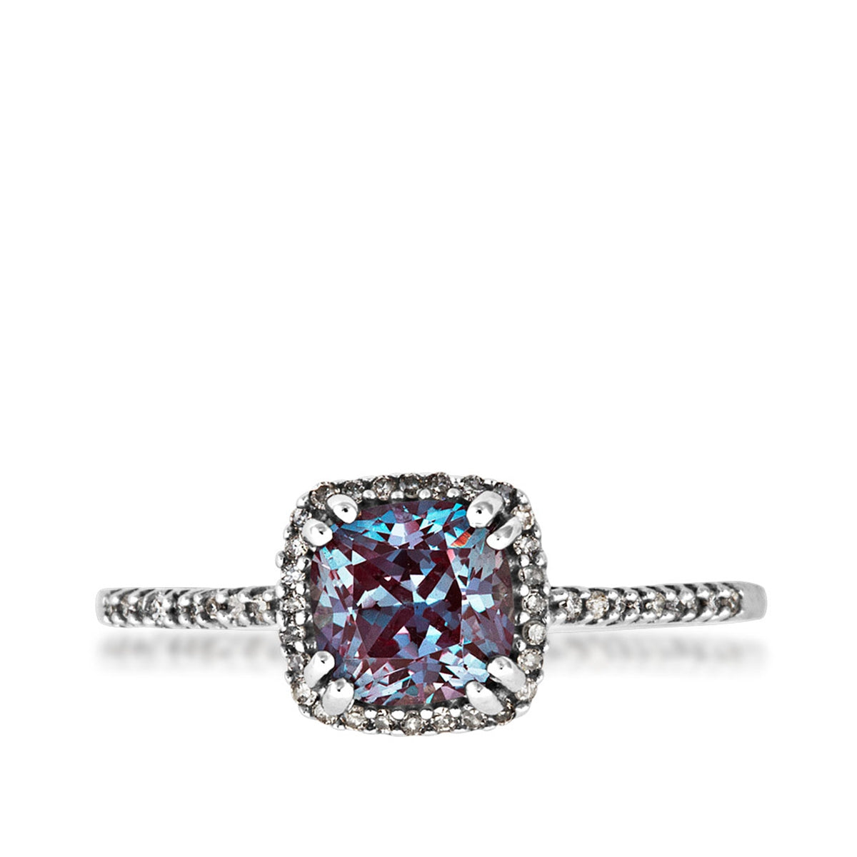 Created Cushion Alexandrite & 1/10 ct. tw. Diamond Halo Ring in 10K White Gold close-up detail