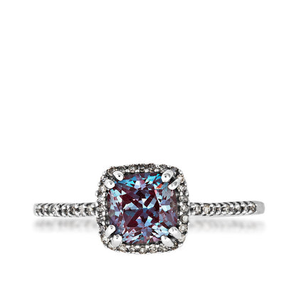 Created Cushion Alexandrite & 1/10 ct. tw. Diamond Halo Ring in 10K White Gold close-up detail