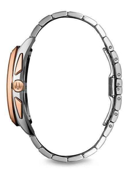 Bulova CURV Collection Men's Black Patterned Chronograph Watch in Two-Tone Stainless Steel close-up detail