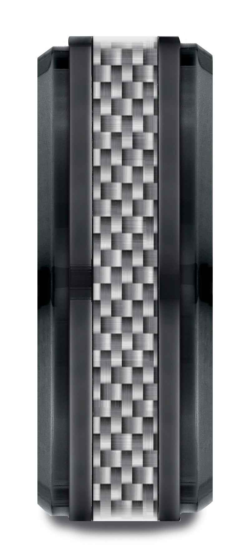 BENCHMARK Mens 9MM Black Titanium with Carbon Fiber Inlay Wedding Band front view