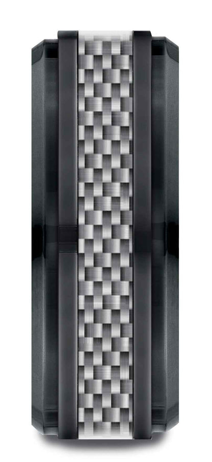 BENCHMARK Mens 9MM Black Titanium with Carbon Fiber Inlay Wedding Band front view