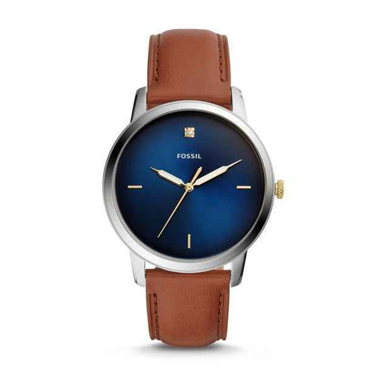 Fossil Men's Minimalist Carbon-Series Three-Hand Luggage Leather Analog Watch with Blue Dial
