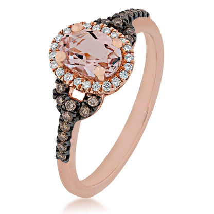 Genuine Oval Morganite & 1/4 ct. tw. Mocha & White Diamond Halo Fashion Ring in 10K Pink Gold front view