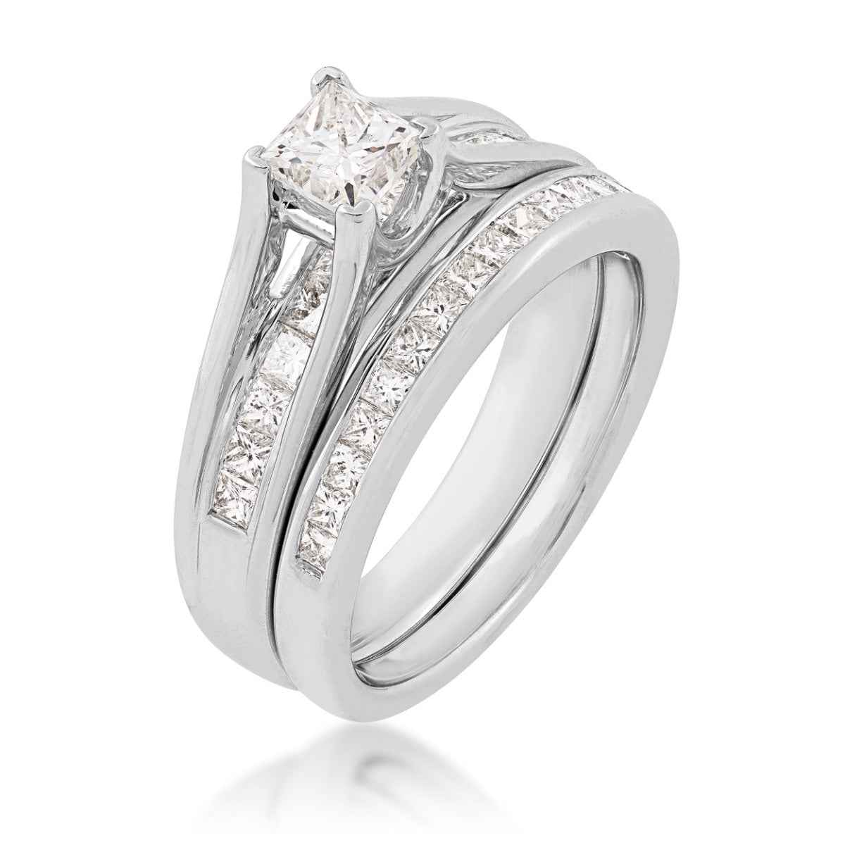Natural 1-1/2 ct. tw. Princess Cut Diamond Wedding Set in 14K White Gold front view