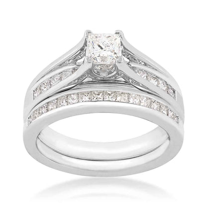 Natural 1-1/2 ct. tw. Princess Cut Diamond Wedding Set in 14K White Gold