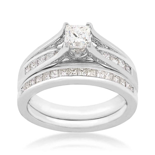 Natural 1-1/2 ct. tw. Princess Cut Diamond Wedding Set in 14K White Gold