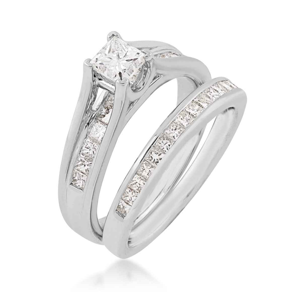 Natural 1-1/2 ct. tw. Princess Cut Diamond Wedding Set in 14K White Gold close-up detail