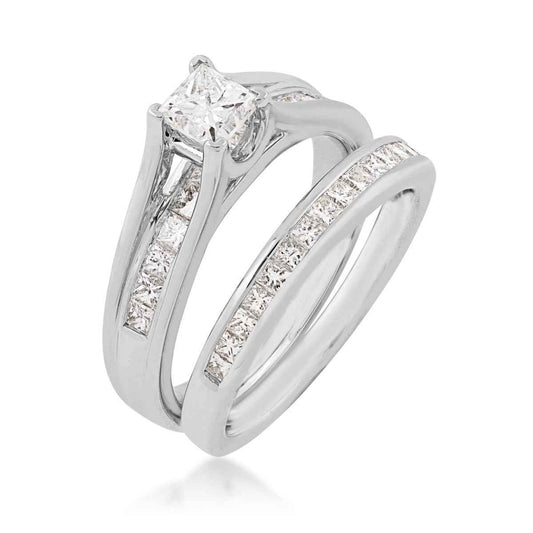 Natural 1-1/2 ct. tw. Princess Cut Diamond Wedding Set in 14K White Gold close-up detail