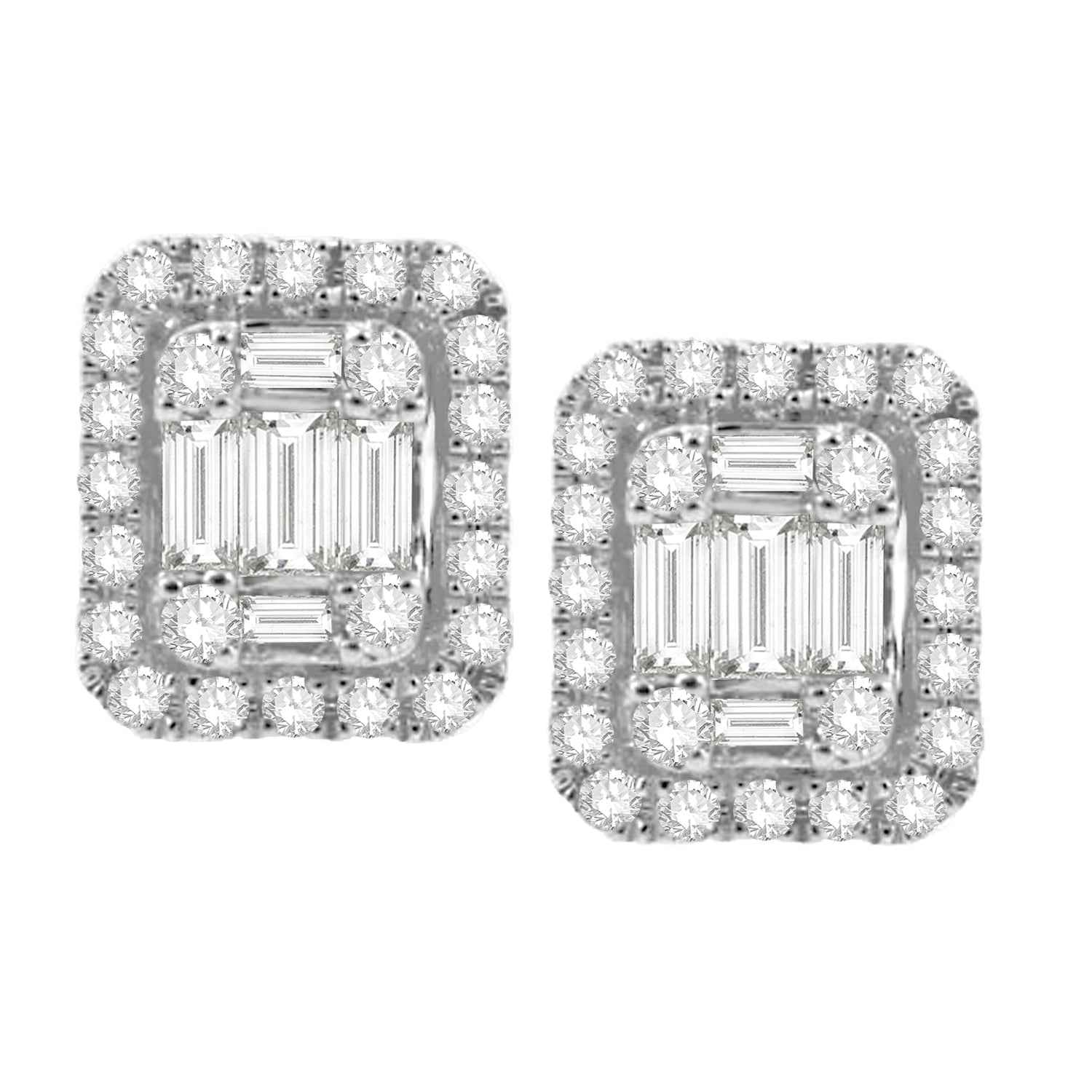 1/4 ct. tw. Straight Baguette Diamond Earrings with Round Diamond Halo in 10K White Gold