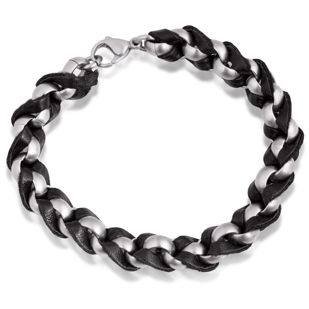 Mens Stainless Steel and Black Leather Woven Bracelet