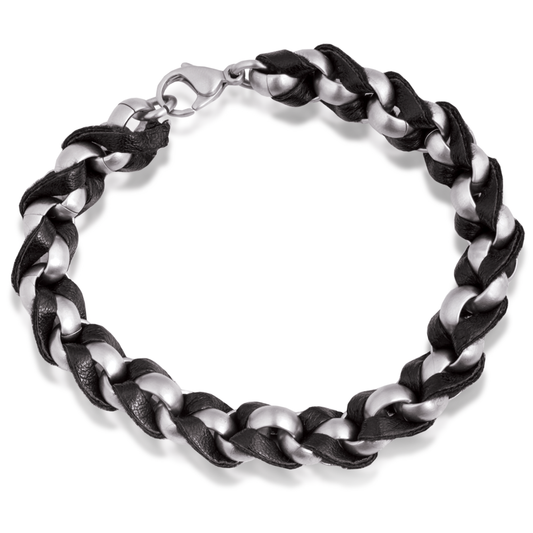 Mens Stainless Steel and Black Leather Woven Bracelet