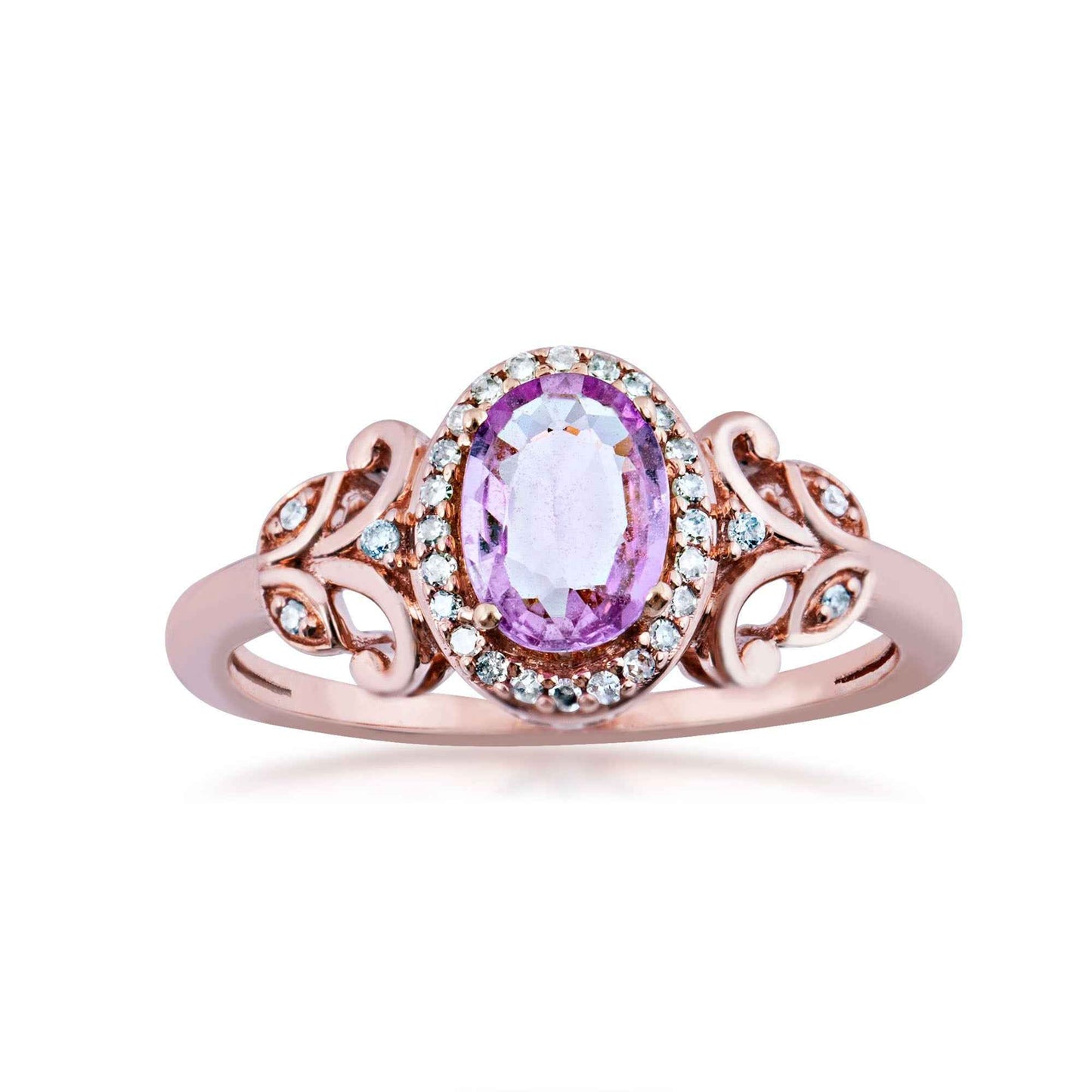 Genuine Oval Pink Sapphire & 1/10 ct. tw. Diamond Halo Fashion Ring with Filigree Inspired Band in 10K Pink Gold