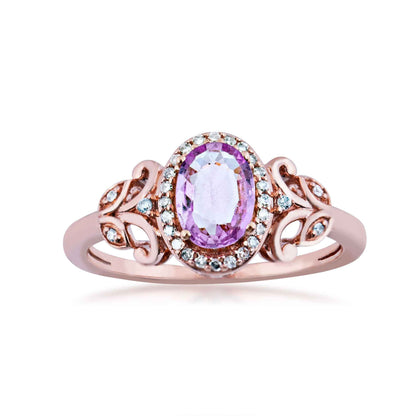 Genuine Oval Pink Sapphire & 1/10 ct. tw. Diamond Halo Fashion Ring with Filigree Inspired Band in 10K Pink Gold