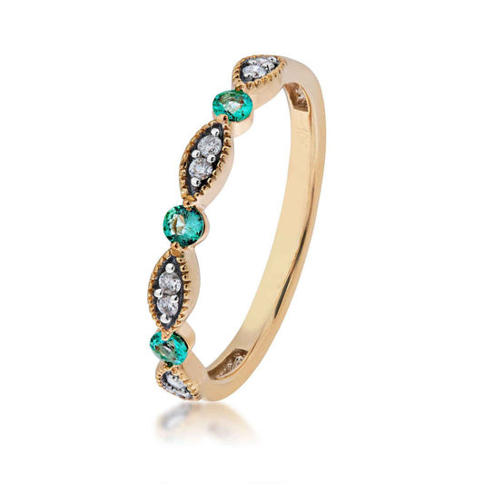Round Emerald and .06 ct. tw. Diamond Stackable Ring with Milgrain Detailing in 10K Yellow Gold front view