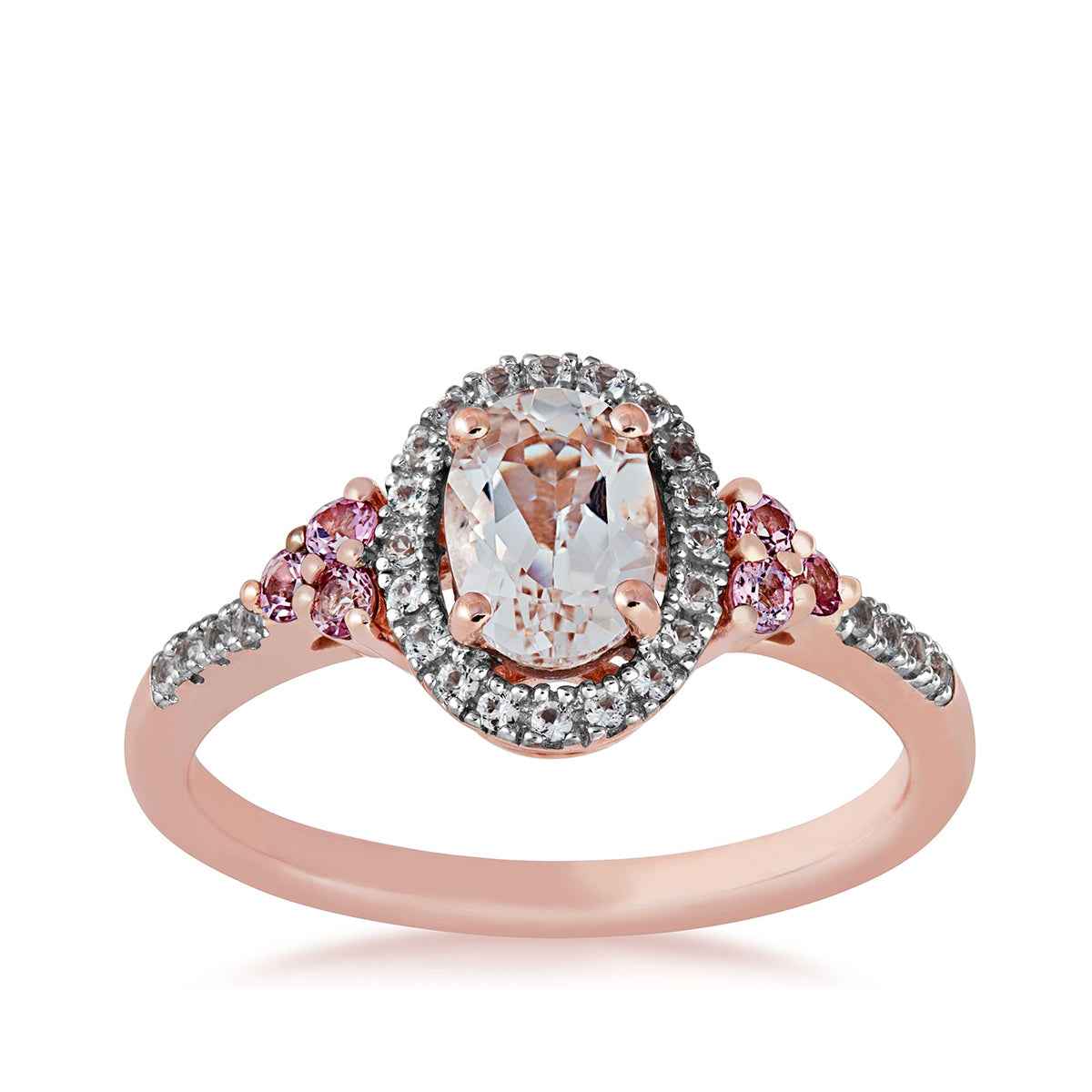 Impulse Collection Genuine Oval Morganite Fashion Ring with 1/10 ct. tw. Diamond Halo & Pink Sapphire Accented Band in 10K