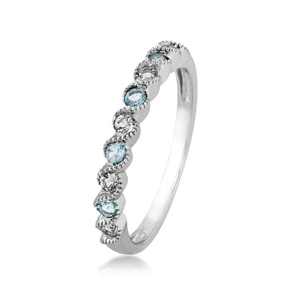 Genuine Aquamarine & White Topaz Stackable Ring with Milgrain Twist Band in 10K White Gold front view
